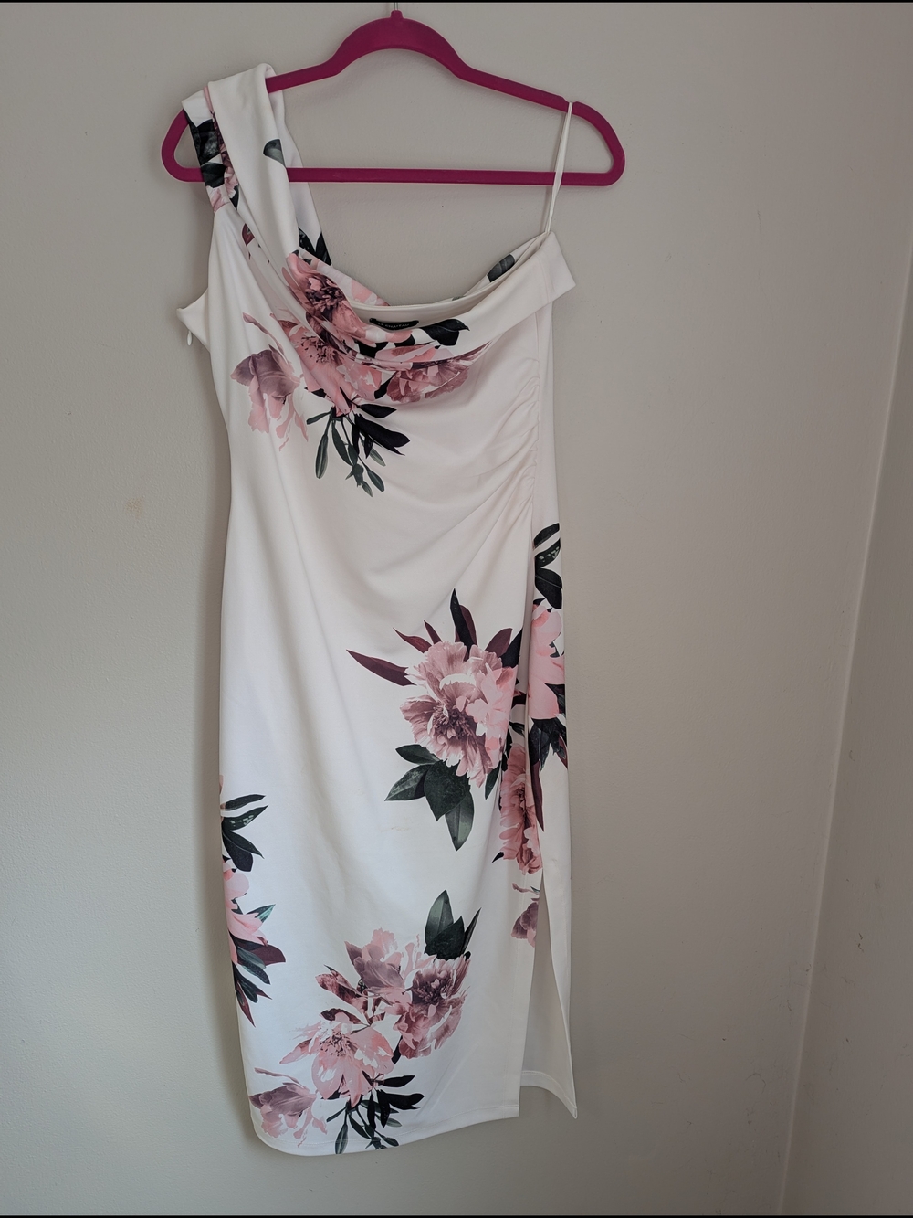 Le Chateau White Floral One-Shoulder Dress with Pink Blooms NWT Women's L
